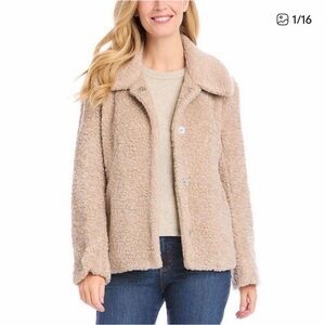 Karen Kane Sherpa Fur Jacket Snap Buttons Pockets Taupe NWT SIZE XS MSRP $358